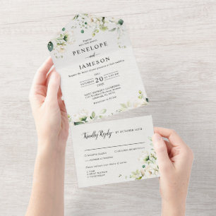 Invitación Todo En Uno Rosas de Crema de Marfil Blanco Boda Botánico Flor