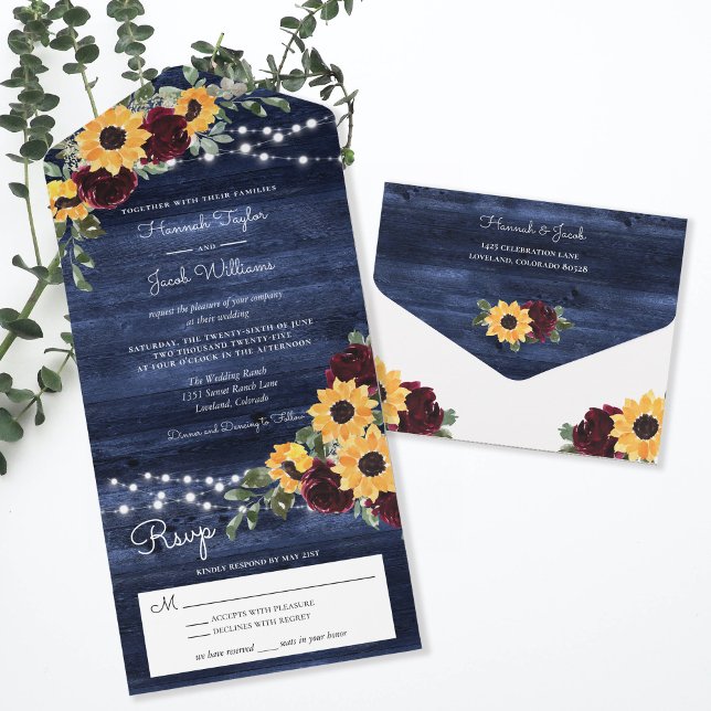 Invitación Todo En Uno Rosas de girasoles Boda de la Marina Rusa de Mader (Subido por el creador)