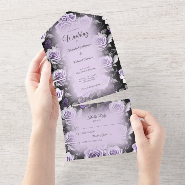 Invitación Todo En Uno Rosas de gris y lavanda (desgarro)
