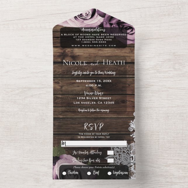 Invitación Todo En Uno Rosas de Icy Pink Mauve Lace Rustic Wood Boda (Interior)