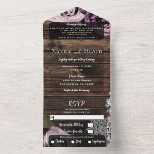 Invitación Todo En Uno Rosas de Icy Pink Mauve Lace Rustic Wood Boda 