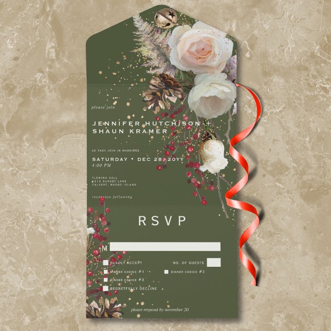 Invitación Todo En Uno Rosas de invierno modernos y cena verde de Berries (Modern Winter Roses & Red Berries Green Dinner All In One Invitation)
