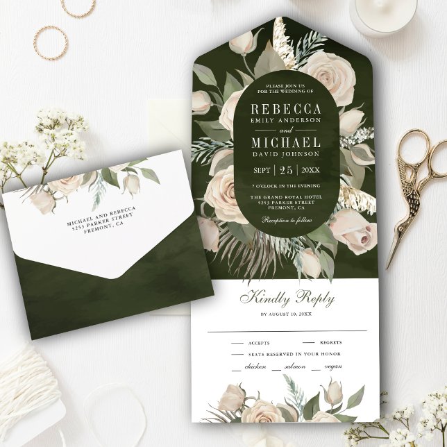 Invitación Todo En Uno Rosas de marfil de Boho ruso, Boda verde de sabio  (Subido por el creador)