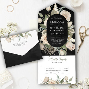 Invitación Todo En Uno Rosas de marfil de Boho ruso masacran a Boda negro