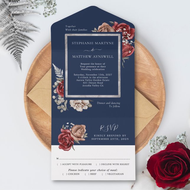 Invitación Todo En Uno Rosas de Navy Blue Burgundy Bloom Boda botánico (Subido por el creador)