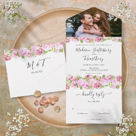 Invitación Todo En Uno Rosas de Peony Floral Elegante Boda de fotos con g
