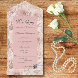 Invitación Todo En Uno Rosas de Rubor con código QR