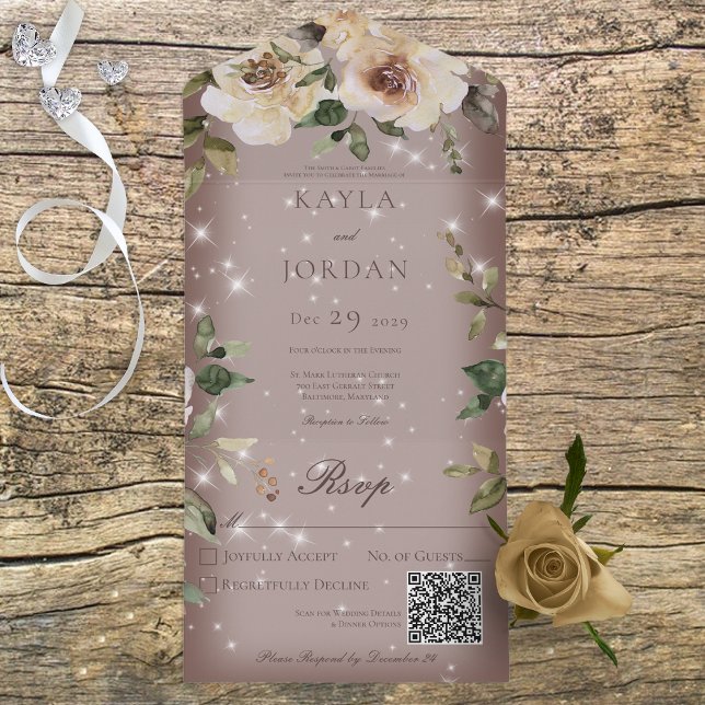 Invitación Todo En Uno Rosas del Boho Cream Esparcen Brown Código QR (Subido por el creador)