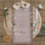 Invitación Todo En Uno Rosas del Boho Cream Sparkle Brown<br><div class="desc">Un diseño sencillo pero elegante con rosas crema y marrón sobre un suave y blanco pardo de fondo marrón. La invitación completa se resalta con destellos blancos. La solapa delantera contiene las primeras iniciales de la novia y el novio. Este diseño está disponible con o sin opciones de cena en...</div>
