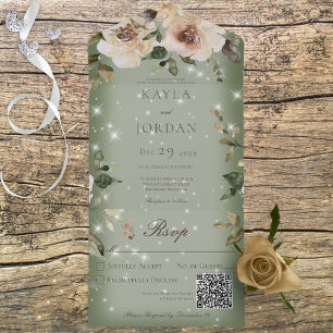 Invitación Todo En Uno Rosas del Boho Cream Sparkle Sage Green QR Code
