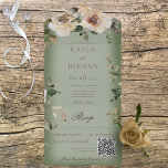 Invitación Todo En Uno Rosas del Boho Cream usan código QR verde<br><div class="desc">DISPONIBLE CON O SIN CÓDIGO QR PARA ESCALAR EN EL ÁREA RSVP. Un diseño sencillo pero elegante con rosas crema y marrón sobre un suave y blanco pardo de fondo verde. La solapa delantera contiene las primeras iniciales de la novia y el novio. Este diseño está disponible con o sin...</div>