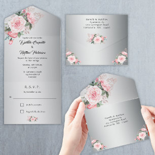Invitación Todo En Uno Rosas del Boho rosa y Boda plateado metálico