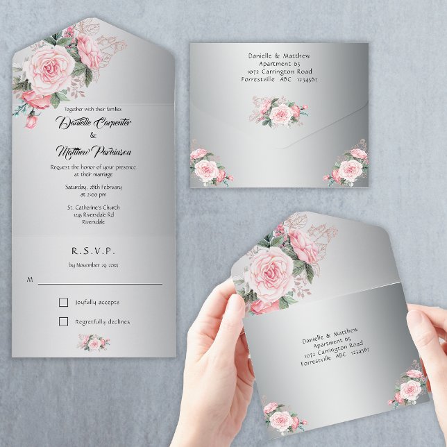 Invitación Todo En Uno Rosas del Boho rosa y Boda plateado metálico (Subido por el creador)