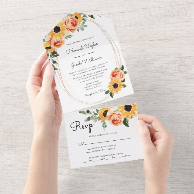 Invitación Todo En Uno Rosas del girasol caen en matrimonio (desgarro)