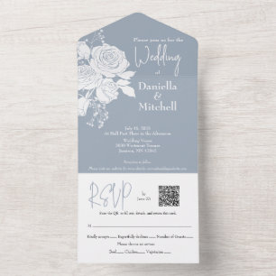 Invitación Todo En Uno Rosas en una invitación de boda con un azul turbio