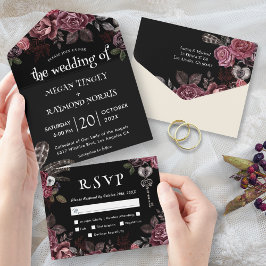 Invitación Todo En Uno Rosas florales oscuros Boda gótico negro