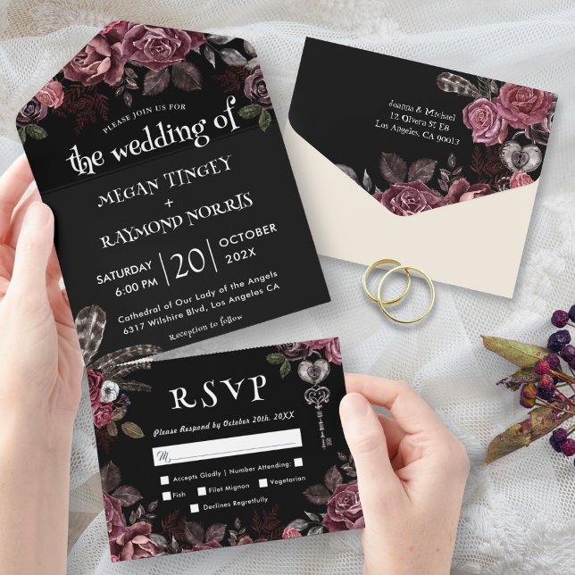 Invitación Todo En Uno Rosas florales oscuros Boda gótico negro (Subido por el creador)