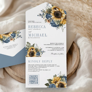 Invitación Todo En Uno Rosas girasoles código QR boda azul polvoriento