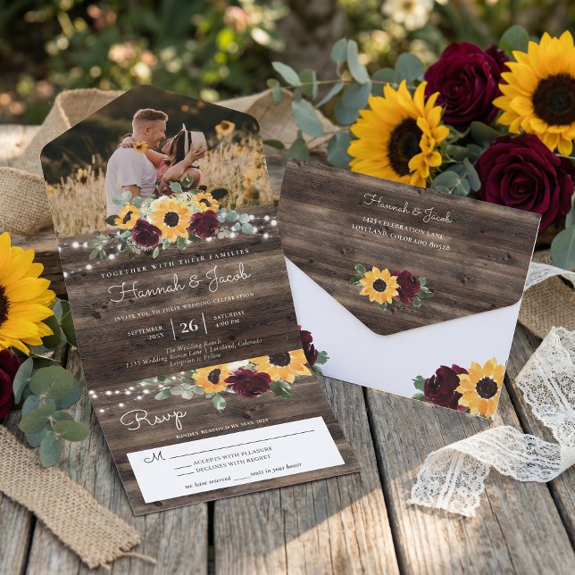 Invitación Todo En Uno Rosas Girasoles Rústicos Boda (Subido por el creador)