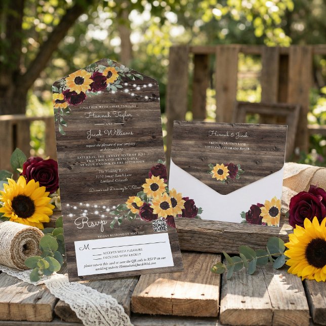 Invitación Todo En Uno Rosas Girasoles Rústicos Código QR Boda (Subido por el creador)