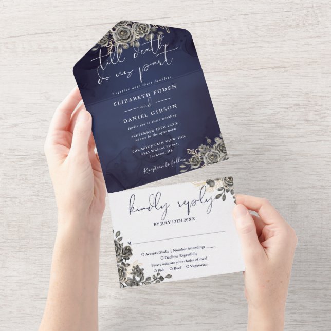 Invitación Todo En Uno Rosas góticos Boda Floral de escritura azul de med (desgarro)
