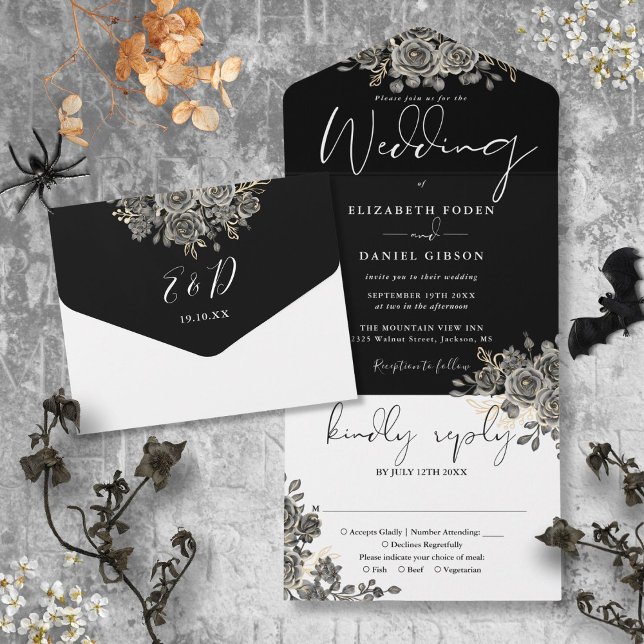 Invitación Todo En Uno Rosas Góticos Florales Boda Blanco Y Negro (Gothic Roses Floral Black And White Wedding All In One Invitation)