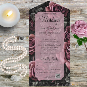 Invitación Todo En Uno Rosas góticos, grises y negros con código QR