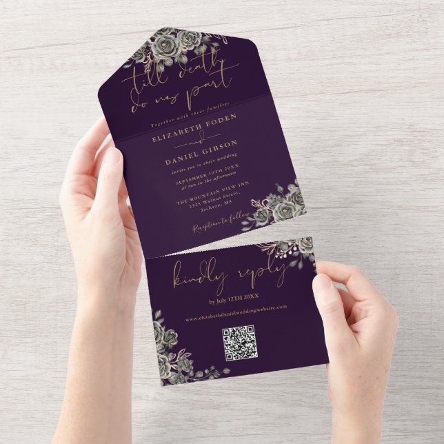 Invitación Todo En Uno Rosas Góticos Púrpura Y Oro Boda de código QR (desgarro)