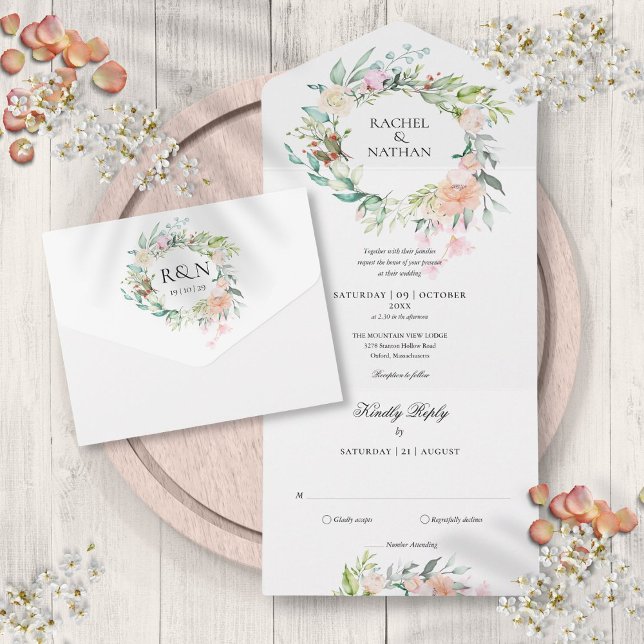 Invitación Todo En Uno Rosas Greenery Floral Monograma Boda (Roses Greenery Floral Monogram Wedding All In One Invitation)