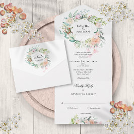 Invitación Todo En Uno Rosas Greenery Floral Monograma Boda