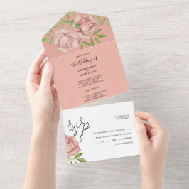 Invitación Todo En Uno Rosas Lilas Acuarela Pintadas a Mano