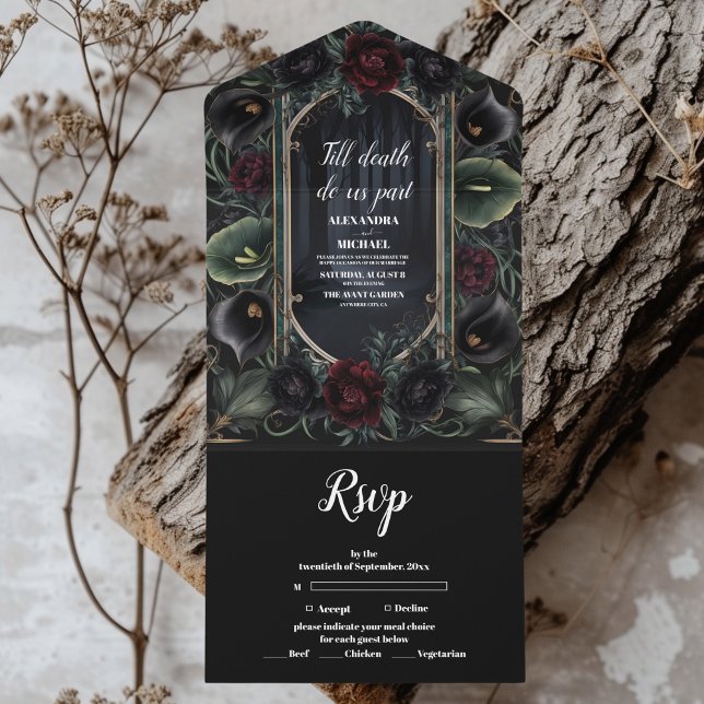 Invitación Todo En Uno Rosas negros Boda gótico floral de Halloween (Subido por el creador)