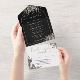 Invitación Todo En Uno Rosas negros del Arco de Oro Gótico Boda Floral