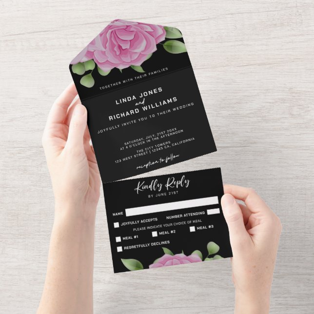 Invitación Todo En Uno Rosas Negros en Invitación de una Boda (desgarro)