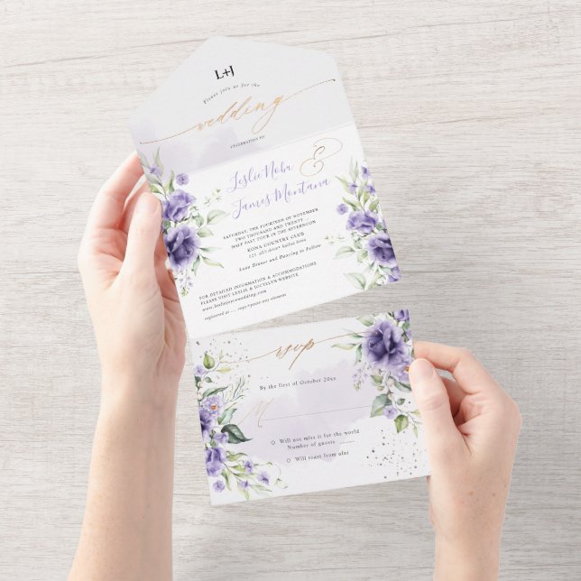 Invitación Todo En Uno Rosas PixDezines Elegant Watercolor Púrpura (desgarro)