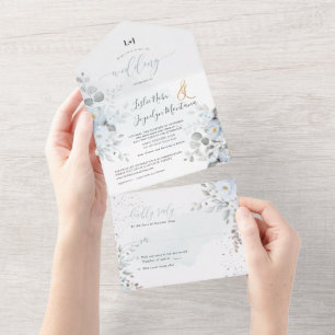 Invitación Todo En Uno Rosas PixDezines Elegantes y Dusty Blue