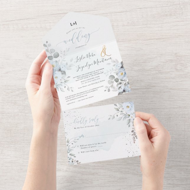 Invitación Todo En Uno Rosas PixDezines Elegantes y Dusty Blue (desgarro)