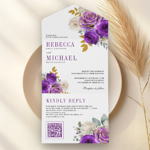 Invitación Todo En Uno Rosas Púrpura Reales Código QR Floral Boda