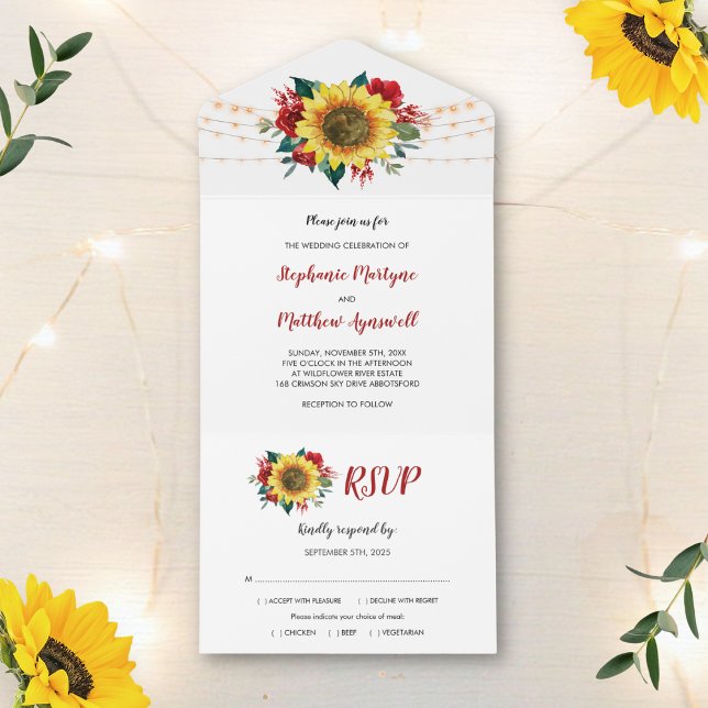 Invitación Todo En Uno Rosas Rojas De Girasol Iluminan Boda Floral (Subido por el creador)