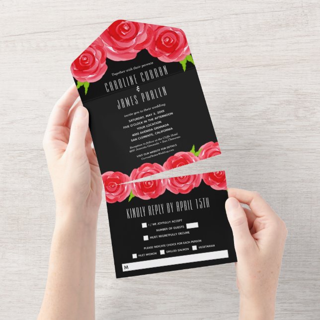 Invitación Todo En Uno Rosas rojas en Boda negro (desgarro)