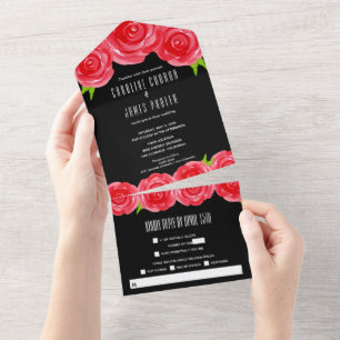 Invitación Todo En Uno Rosas rojas en Boda negro