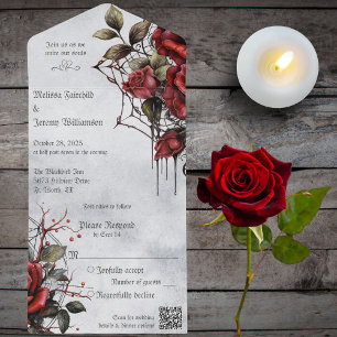 Invitación Todo En Uno Rosas rojas góticas con código QR
