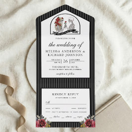 Invitación Todo En Uno Rosas Rojas Pareja de Esqueletos Góticos Boda