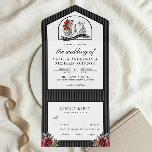 Invitación Todo En Uno Rosas Rojas Pareja de Esqueletos Góticos Boda