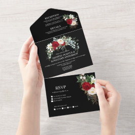 Invitación Todo En Uno Rosas Rojas y Blancas de Borgoña en Boda Negra