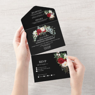 Invitación Todo En Uno Rosas Rojas y Blancas de Borgoña en Boda Negra