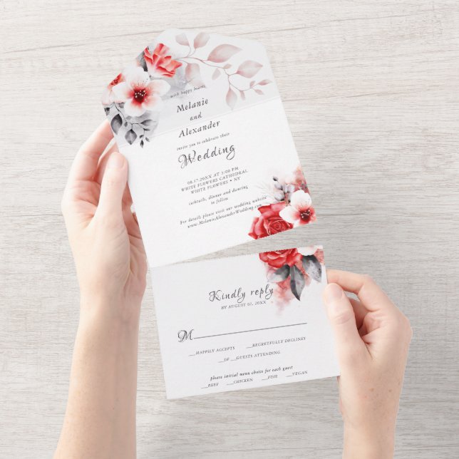 Invitación Todo En Uno Rosas rojas y flores blancas boda moderno elegante (desgarro)