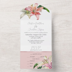 Invitación Todo En Uno Rosas románticas y lirios blancos sobre rubor