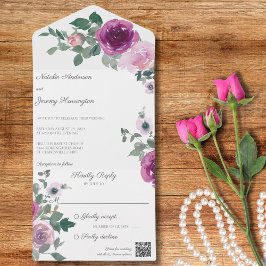 Invitación Todo En Uno Rosas rosas y fucsia en código QR blanco