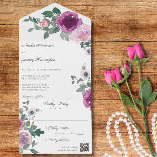Invitación Todo En Uno Rosas rosas y fucsia en código QR blanco